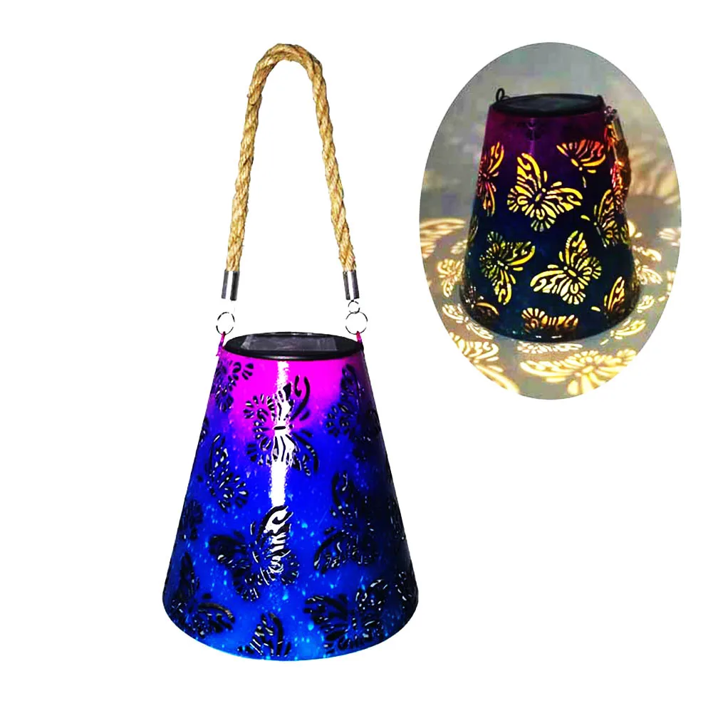

LED Solar Lantern Light Outdoor Wrought Iron Hollow Lantern Light Butterfly Projection Hanging Lamp Waterproof Garden Decor#20