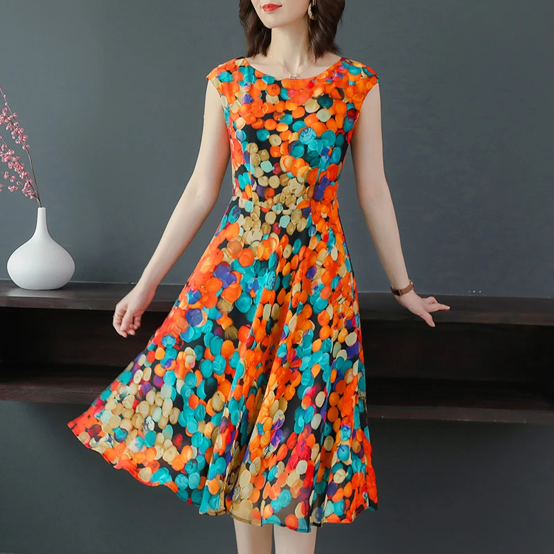 

2021 Summer Fashion Vestido Sleeveless Colorful Dot Print A Line Chiffon Dress Women