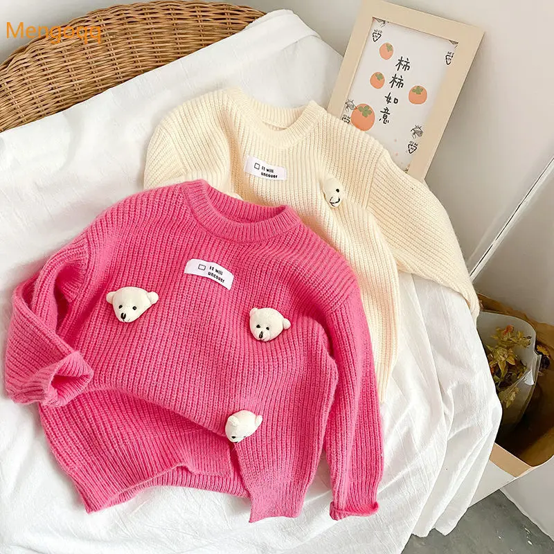 

Toddler Kids Baby Girls Autumn Winter Bottoming Clothes Full Sleeve Solid Knitting Bear Sweater Children Cute Clothes 18M-7Y