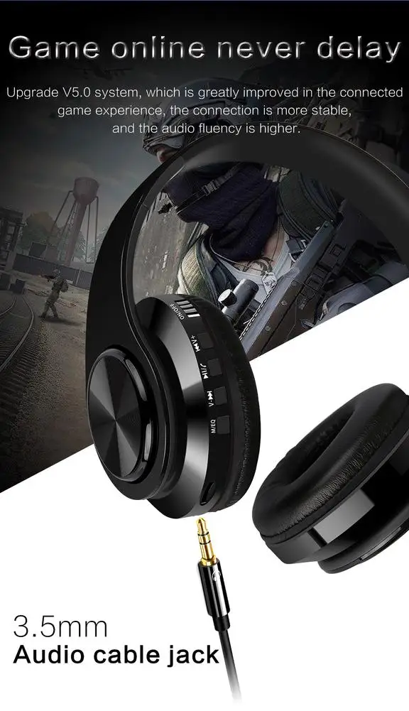 

Wireless Bluetooth V5.0 Headset Sports Folding Support For Plug-in Card Head-mounted Wireless Stereo Headphone With Mic 3.5MM