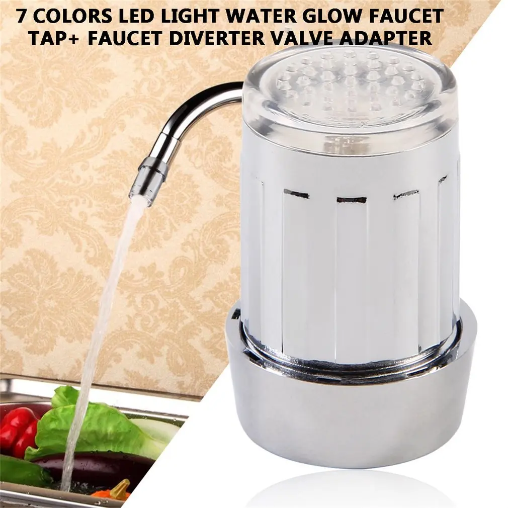 

7 Colors Unique LED Light Water Glow Faucet Tap Stainless Steel Water Tap + Faucet Diverter Valve Adapter Connector