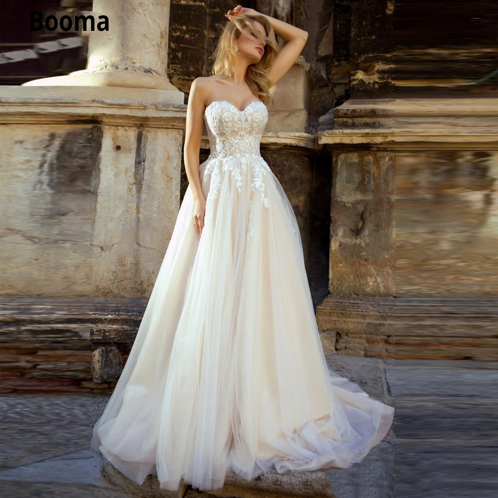 

Booma Beach Wedding Dresses Champagne Simple Lace Appliques Strapless Floor Length Lace-up Bridal Gowns A-line vestido de novia