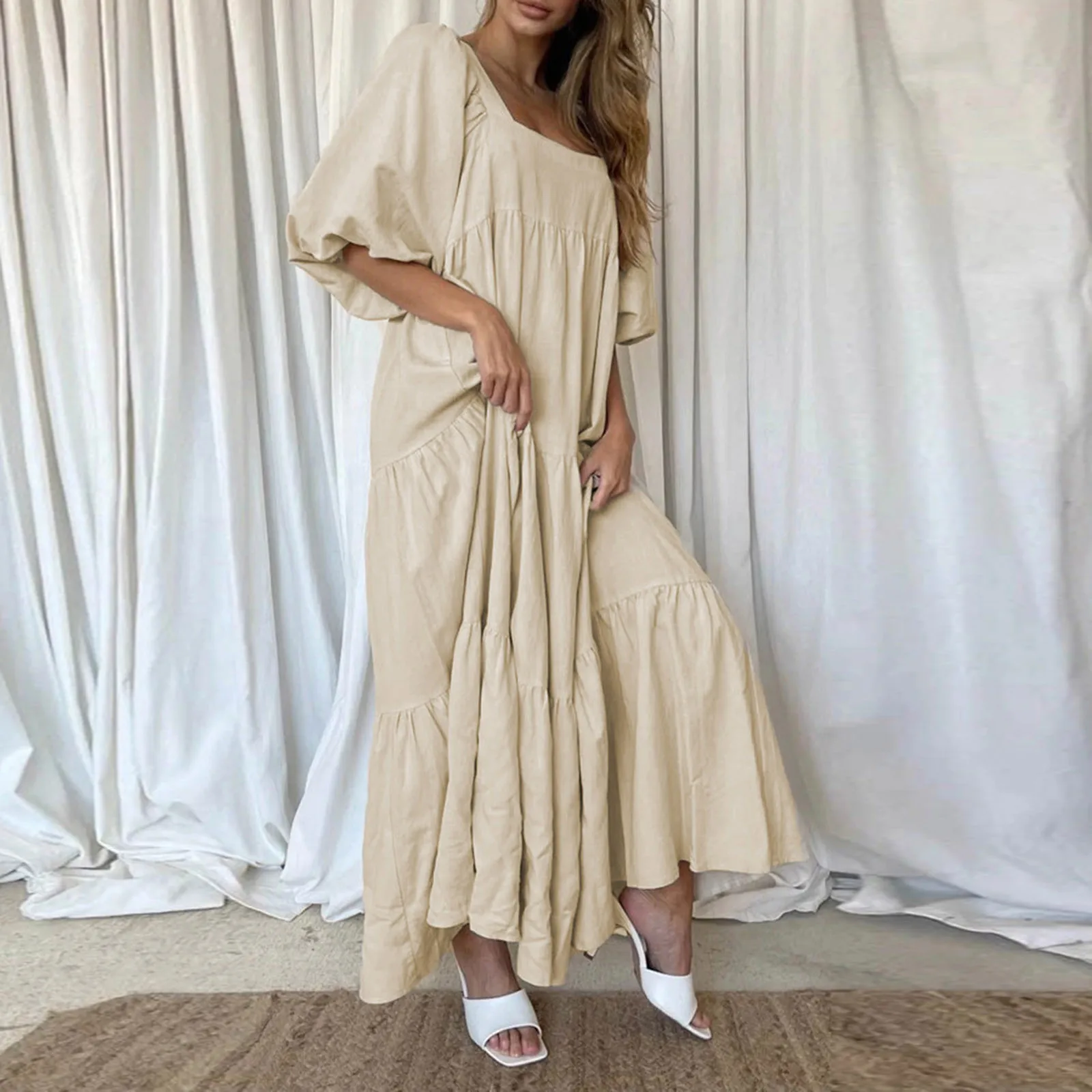 

2021 New Women's Dress Casual Retro Short-sleeved Solid Color Halter Bandage Short-sleeved Ankle Dress Fashionable Women Платье