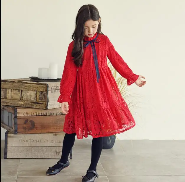 Кружевные платья с бантом для девочек 2019 осеннее детское платье длинными