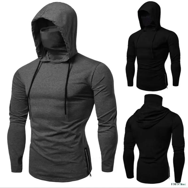 

Mens Gym Thin Hoodie Long Sleeve Hoodies with Mask Sweatshirt Casual Splice Large Open-Forked Mask Hoodie Sweatshirt Hooded Tops