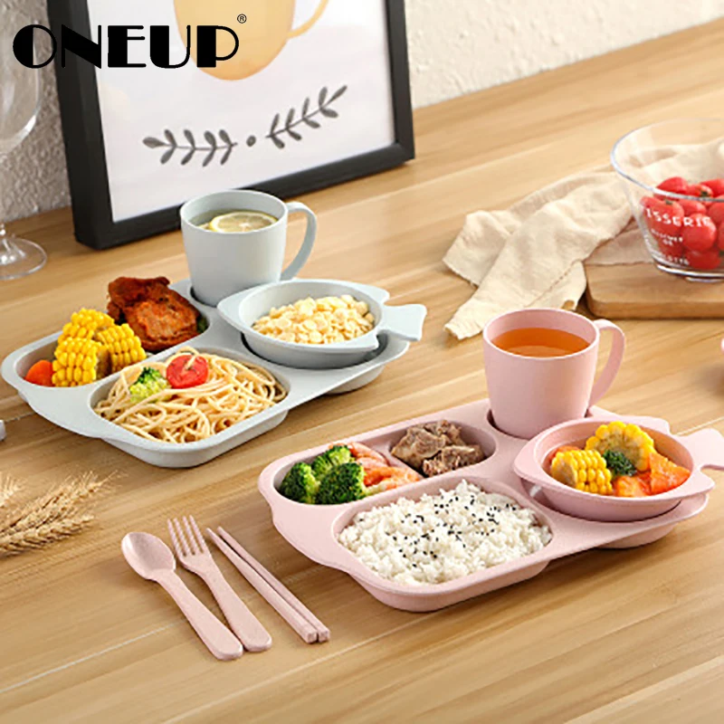 ONEUP Wheat Straw Children's Dinner Plate Bowl Cup Set Lunch Divider Cartoon Baby Anti-fall Tableware | Дом и сад