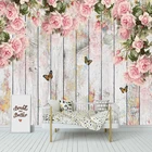 Настенная 3D картина по индивидуальному размеру с изображением розовых цветов птиц бабочек деревянной доски для гостиной спальни романтический декор самоклеящиеся обои