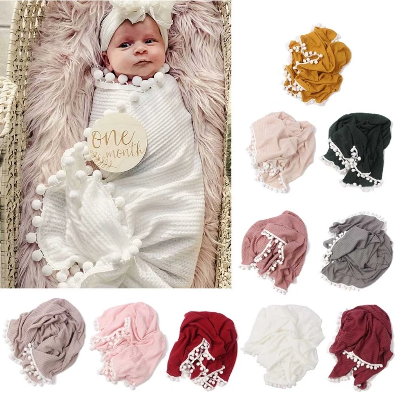 

Baby Soft Cotton Receiving Blanket Waffle Knitting Hairballs Tassel Swaddle Wrap Bath Towel Newborn Photography Props