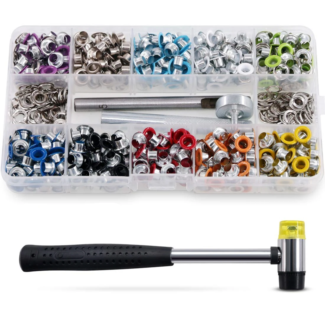

Multi-Color Metal Eyelets Grommets Kit Including Base Punch Installation Tool and Rubber Mallet for Shoes Clothes Crafts Bag