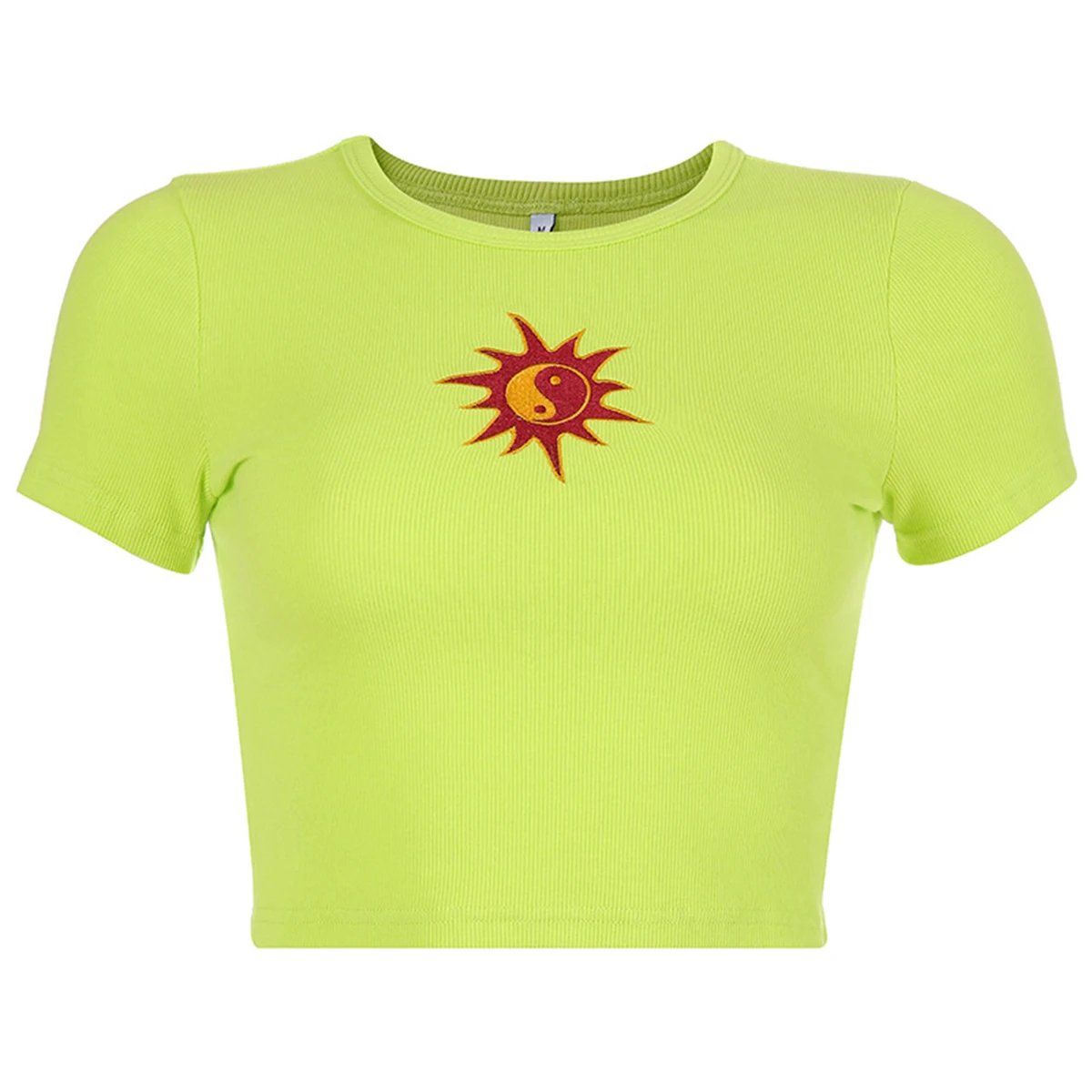 

Women Short Sleeve Sun Embroidery T-shirt Summer Fashion Long Sleeve Round Neck Crop Top