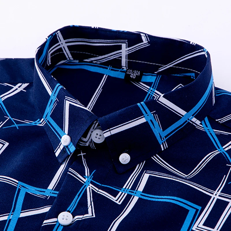 AOLIWEN brand men spring autumn navy blue yellow and white printed shirt casual anti wrinkle comfortable long sleeve slim shirts