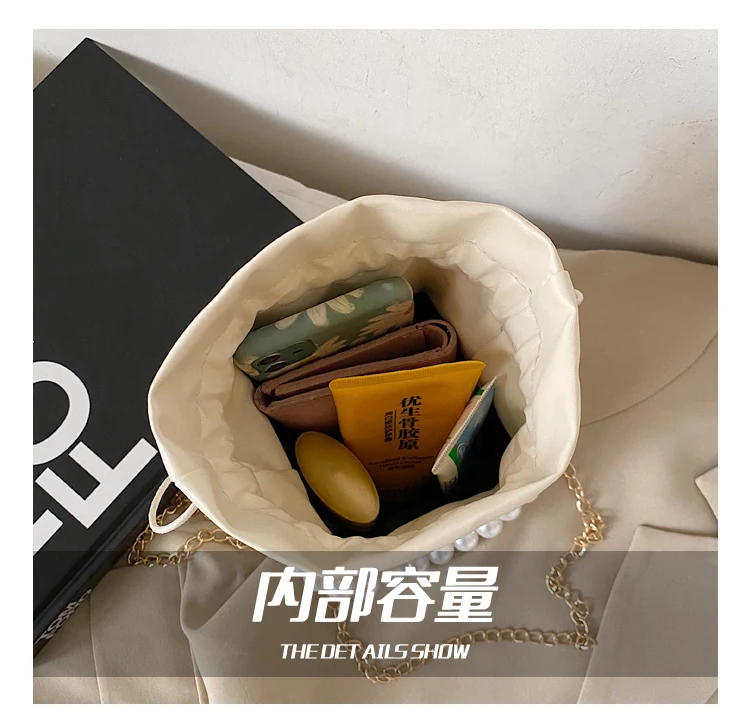 

Square Handbag Small Flap Crossbody Bags for Women Solid Color PU Leather Ladies Pearl Chain Bucket Shoulder Bags Sac Main Femme