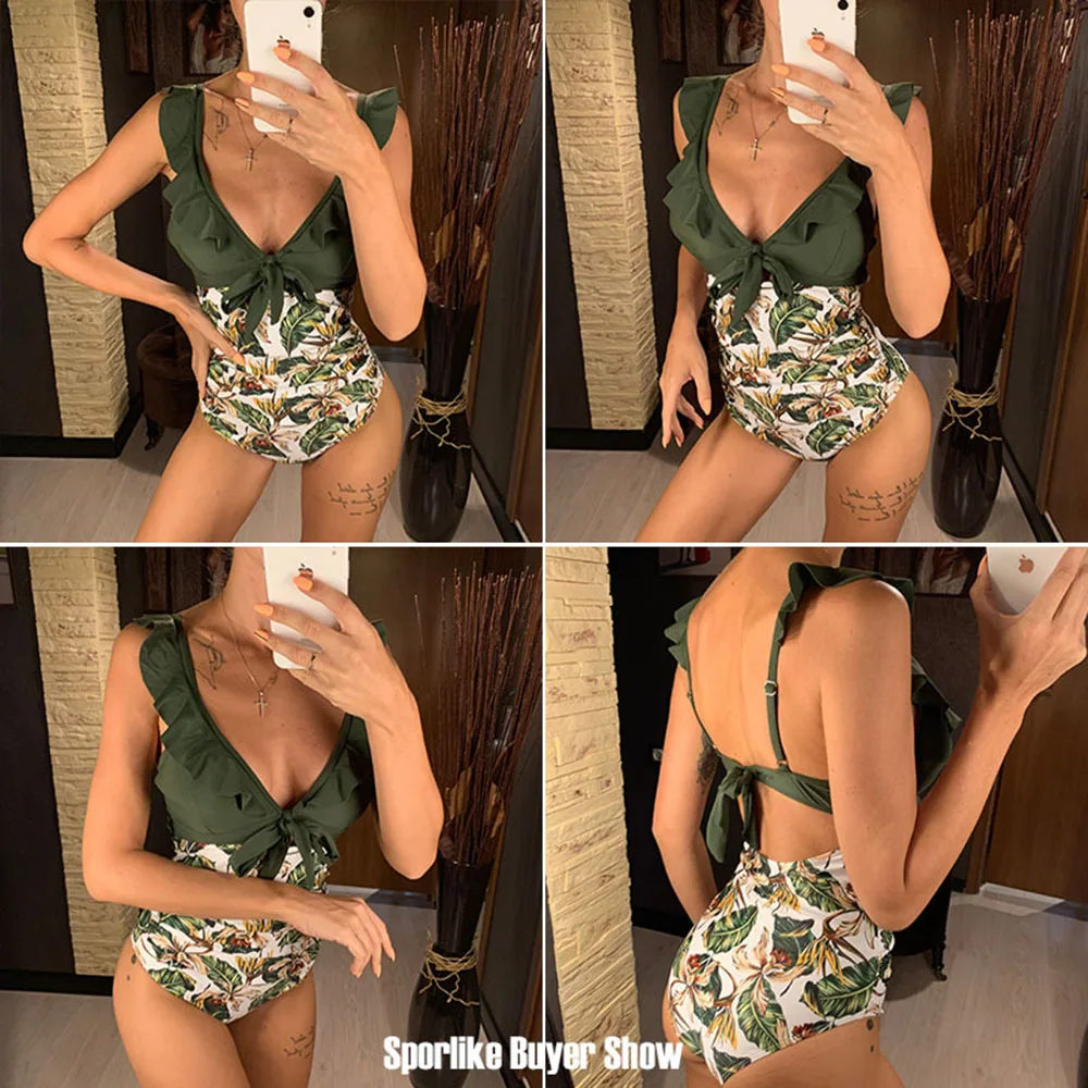 

2021 Sexy New Ruffle One Piece Swimsuit Off The Shoulder Swimwear Women Swimsuit Deep-V Bathing Suits Beach Wear Swim Suit