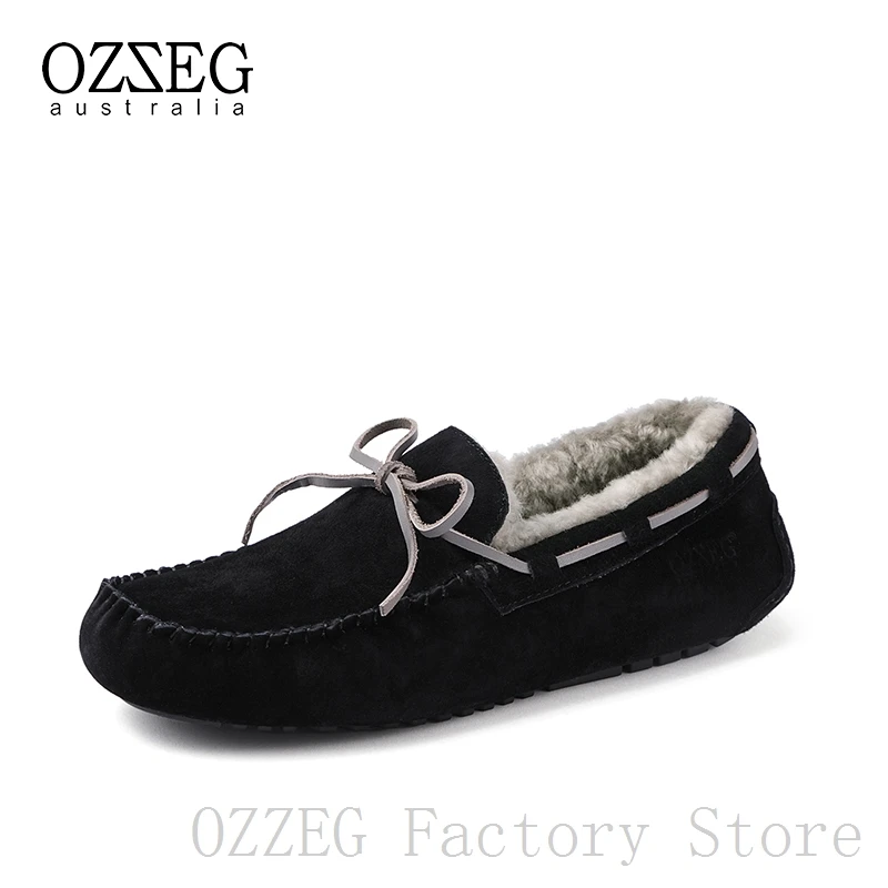 OZZEG/Роскошная брендовая дизайнерская обувь; женская зимняя обувь из натуральной кожи на плоской подошве; мужской зимний жакет на овечьем меху; лоферы с меховой подкладкой; обувь унисекс - Цвет: Men Black