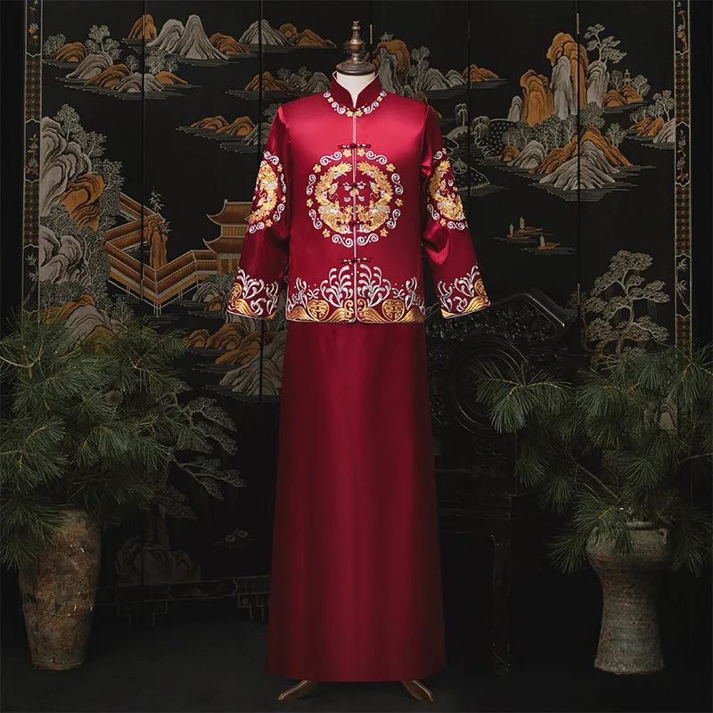 

Men New Wedding Costume Cheongsam Chinese Style Bridegroom Clothing Dragon Embroidery Marriage Set Vintage Long Robe Gown