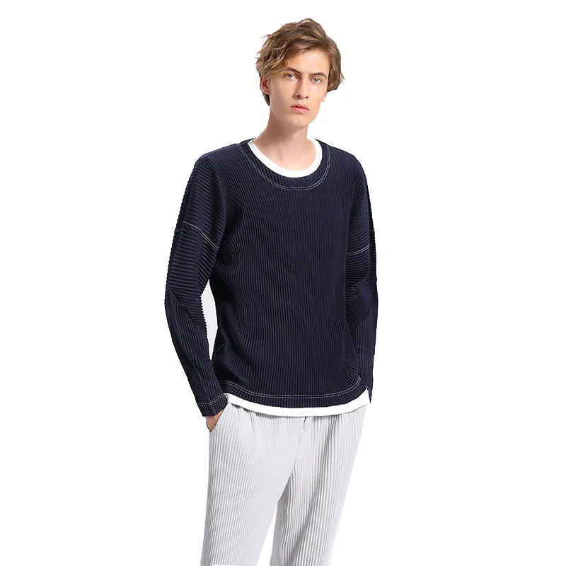 

IEFB Men's Pleated Round Collar Long Sleeve T-shirt 2021 Spring New Japanese Streetwear Fashion Loose Fold Clothing Tide 9Y6721