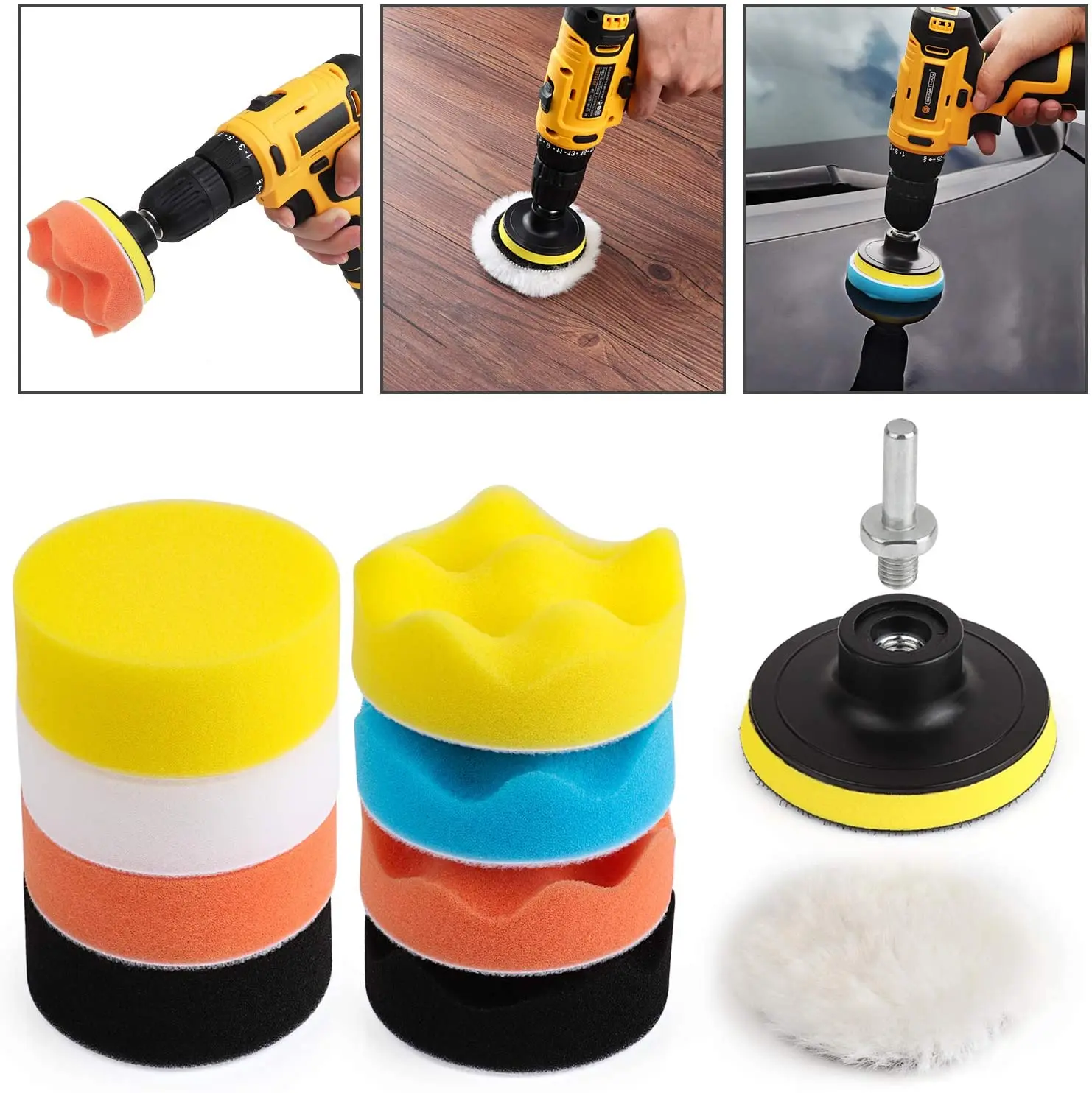 

11Pcs/Set 3inch Car Polishing Disc Self-Adhesive Buffing Waxing Sponge Wool Wheel Polishing Pad for Car Polisher Drill Adapter