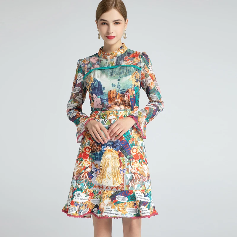 

2021 SPRING STAND COLLAR VINTAGE PRINT LONG SLEEVE TOP & FLARE SKIRT SET