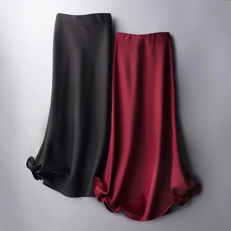

Women's Silk Skirts Satin Solid High Waisted Long Midi Skirt Female Elegant Office Ladies Side Zipper A-line Skirt Summer Women