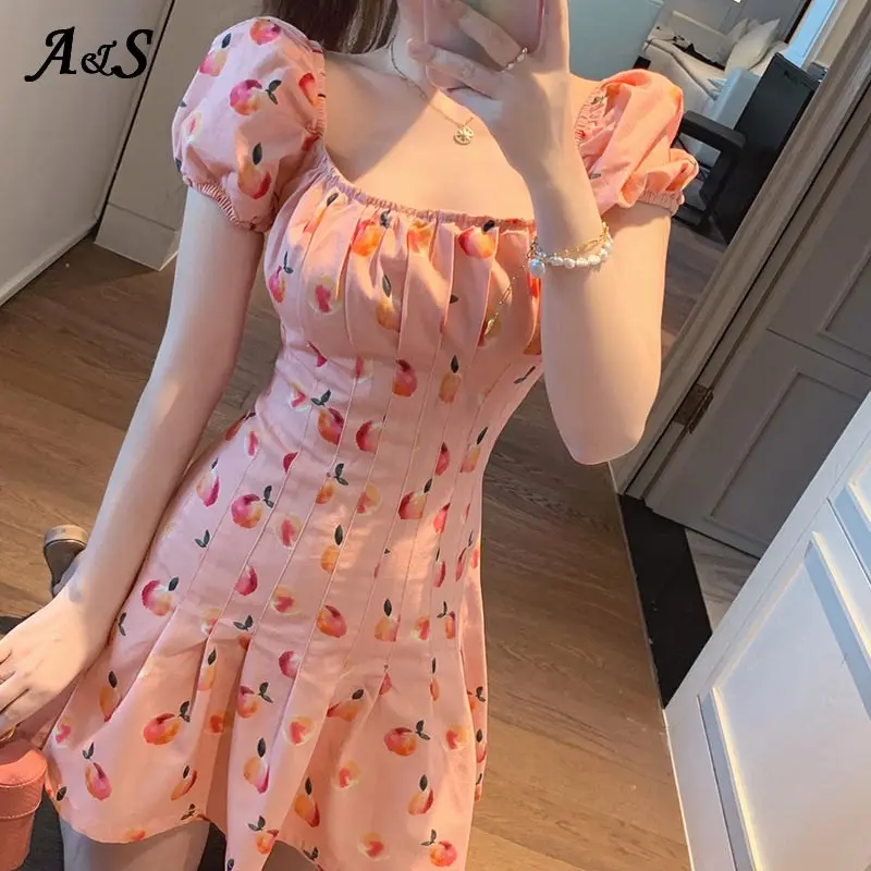 

Anbenser Korean Style Peach Dress Women Chic Square Neck Sweets Girls Pink Dresses Summer Temperament Slim French Dress Vestidos