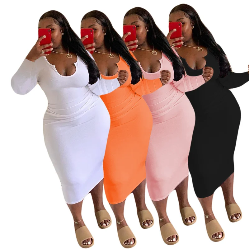 

2022 Plus Size Women Clothing O-Neck Solid Midi Dress Bodycon Sexy Fall Elegant Long Sleeve Dresses Party Wholesale Dropshipping