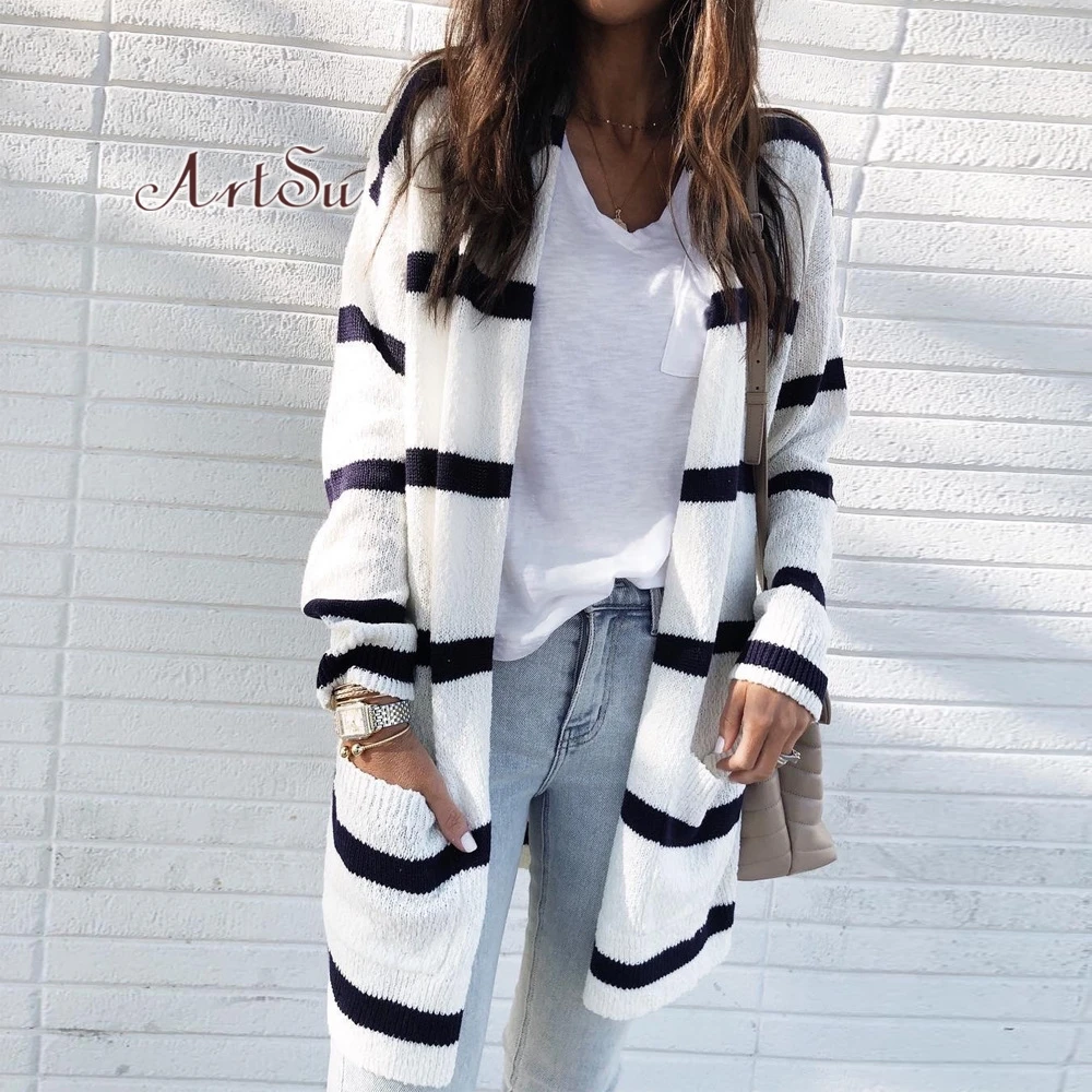 Женский длинный вязаный кардиган ArtSu белый свитер в полоску зимний Кардиган