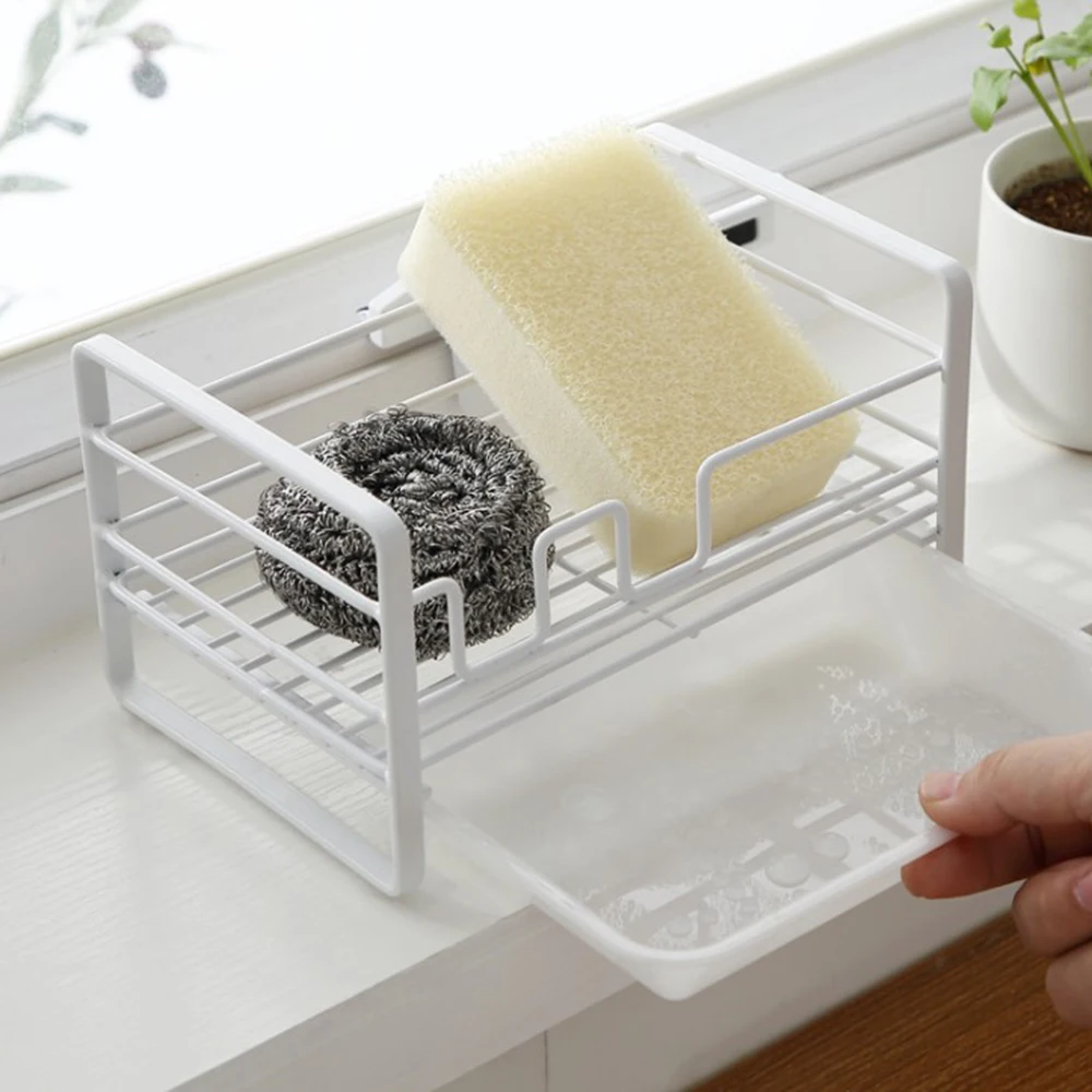 

1PC Sponge Drain Rack Sponge Holder Scrub Holder Sink Storage Rust Prevention Drainer Basket With Tray