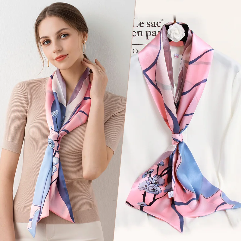 

100% Real Silk Skinny Scarf For Women Twillon Neckerchief 2021 Fashion Luxury Bufandas Silk Scarf Printed Headband Foulard Femme