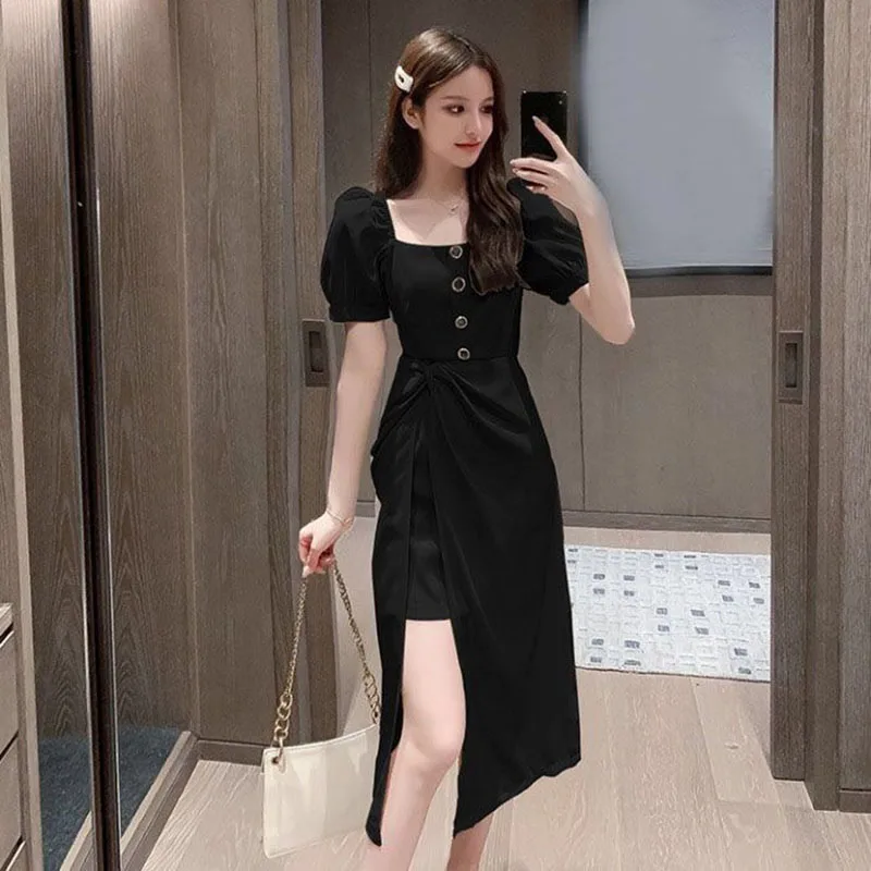 

New Sexy Long Dresses for Women Party Wedding Square Collar Button Split Up Summer Dress Soft Short Sleeve Black Apricot Vestido