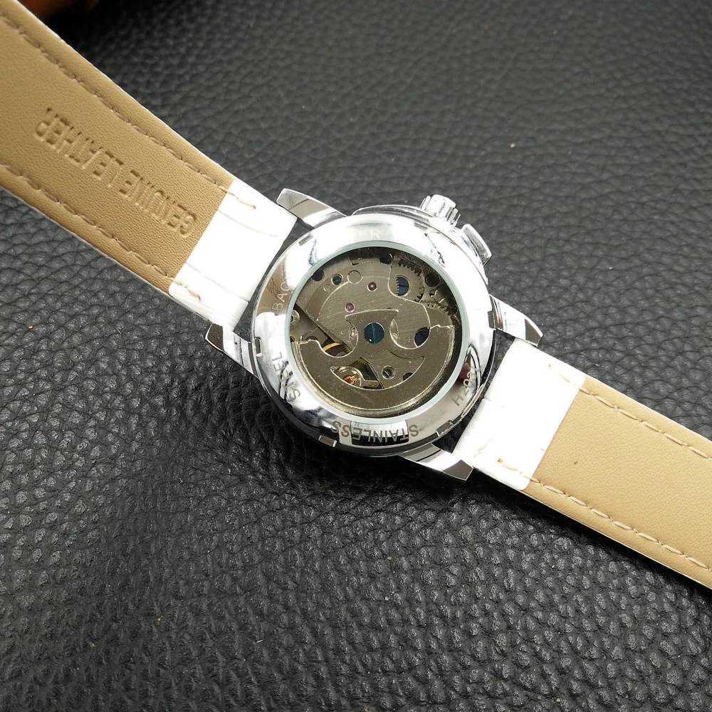 Женские часы Дамы Скелет механические с автоматическим заводом белый кожаный