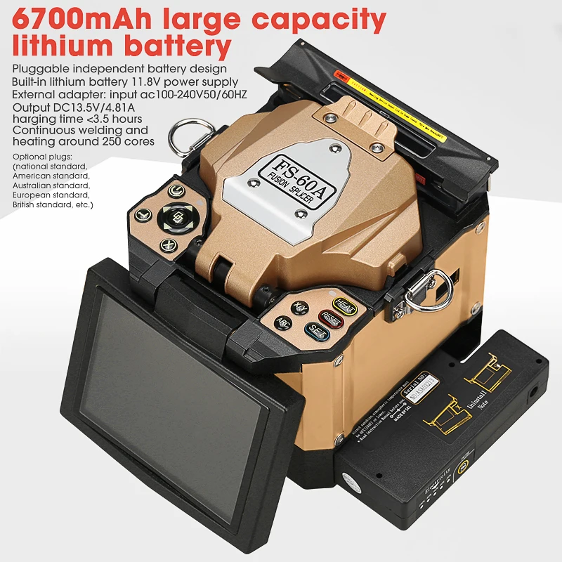 

6700mAh 5' inch FS-60A Golden Fully Automatic 7s Welding 8s Heating TFT LCD Fiber Optic Fusion Splicer +30mW OPM CFS-3 Kit Suit