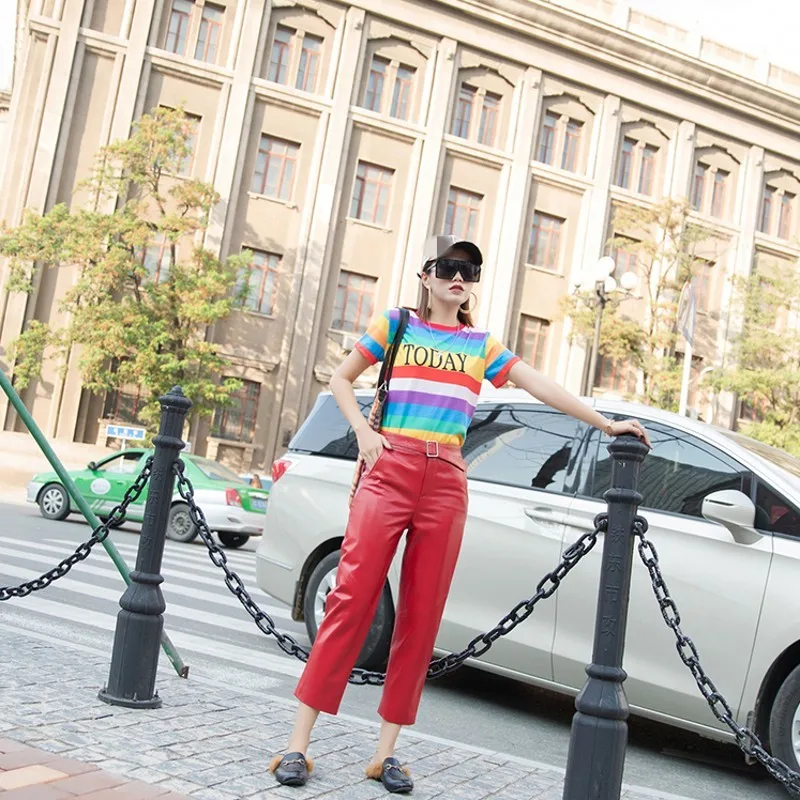 

Casual Loose Fit Genuine Leather Autumn Winter Womens Harem Pants High Waist Sashes Sheepskin Ankle Length Trousers Plus Size