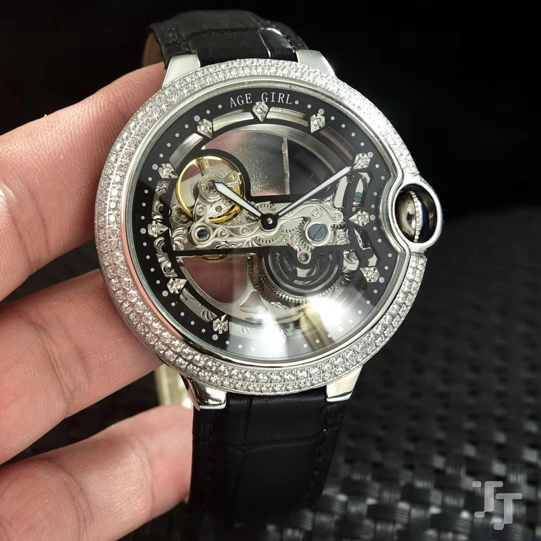 

Classic New Men Black Brown Leather Diamond Bezel Automatic Mechanical Watch Stainless Steel Skeleton Tourbillion Sapphire