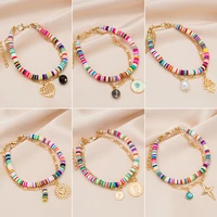 bohemian colored soft clay bead bracelet adjustable multi layer coin sun palm eye strand bracelet charm beach jewelry for women