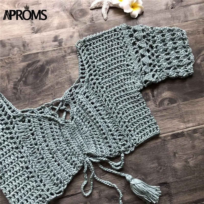 Aproms, сексуальные вязаные топы на шнуровке, вязаные крючком, женская летняя пляжная одежда, бикини, укороченный топ, повседневная Открытая Майка, женские футболки