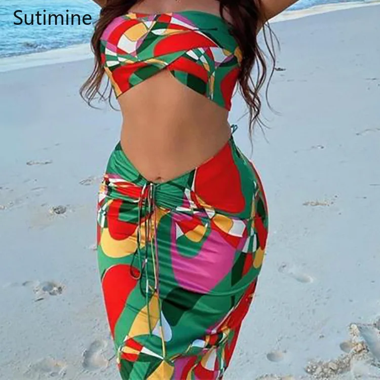 

Europe and The United States 2021 Summer Sexy Printed Navel Halter Lace-up Dress Backless Tops Sandy Beach Women's Clothing