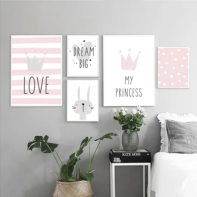 

Nordic Rabbit Bunny Baby Nursery Canvas Painting Dream Big Princess Crown Poster And Print Wall Pictures For Kids' Bedroom Decor