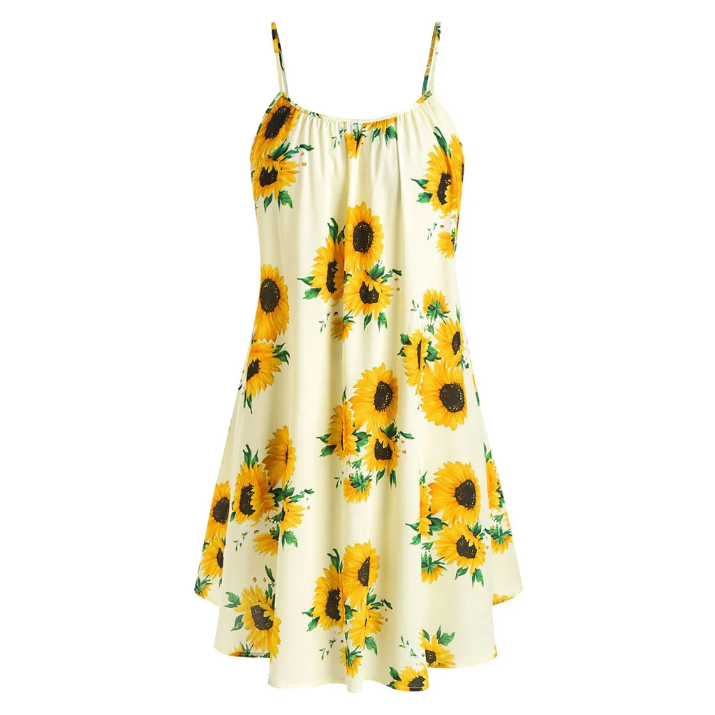 

Sunflower Print Dress Women O Neck Sleeveless sexy beach Mini Dress Summer Spaghetti Strap Short Dresses Kleider Damen #T2