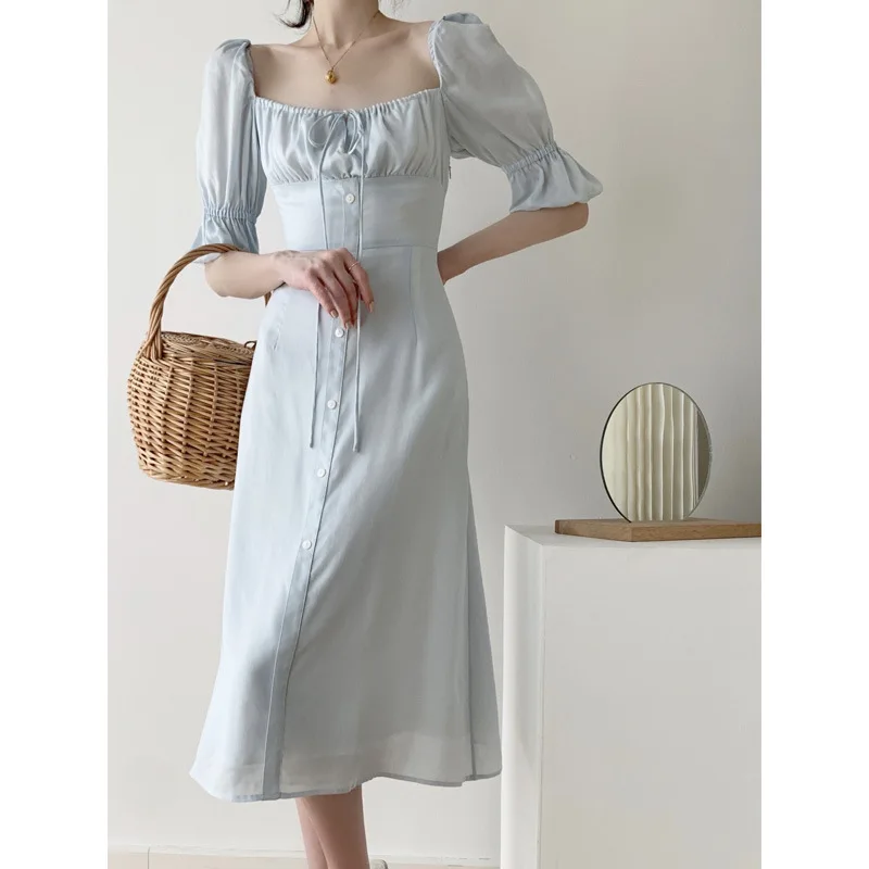 

Sweet fairy party sundress ladies summer French retro mini dress women's casual solid color one-piece dress