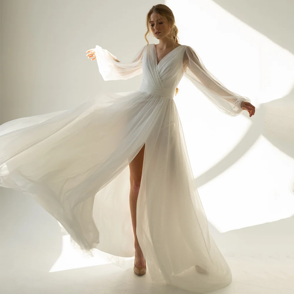 

Jiayigong Glitter Tulle Wedding Dresses Women's Boho Bridal Gowns Long Sleeves V Neck Pleat Lace-up Corset Wedding Dress 2022