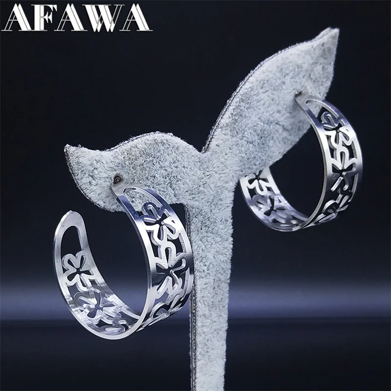 

2022 Fashion Flower Stainless Steel Width Circle Earrings Women Round Silver Color Big Earrings Jewery pendientes aro N9502S01