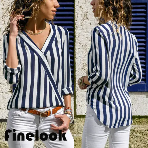 Женская блузка в полоску с длинным рукавом и V-образным вырезом | одежда