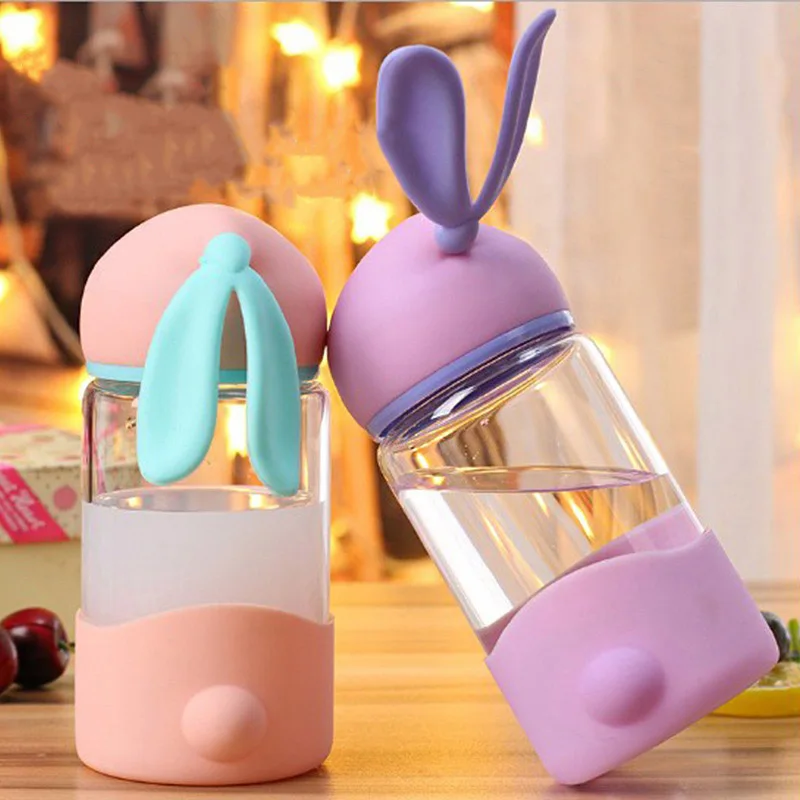 Kawaii Милая бутылка для воды мультяшный кролик стеклянная с силиконовым рукавом