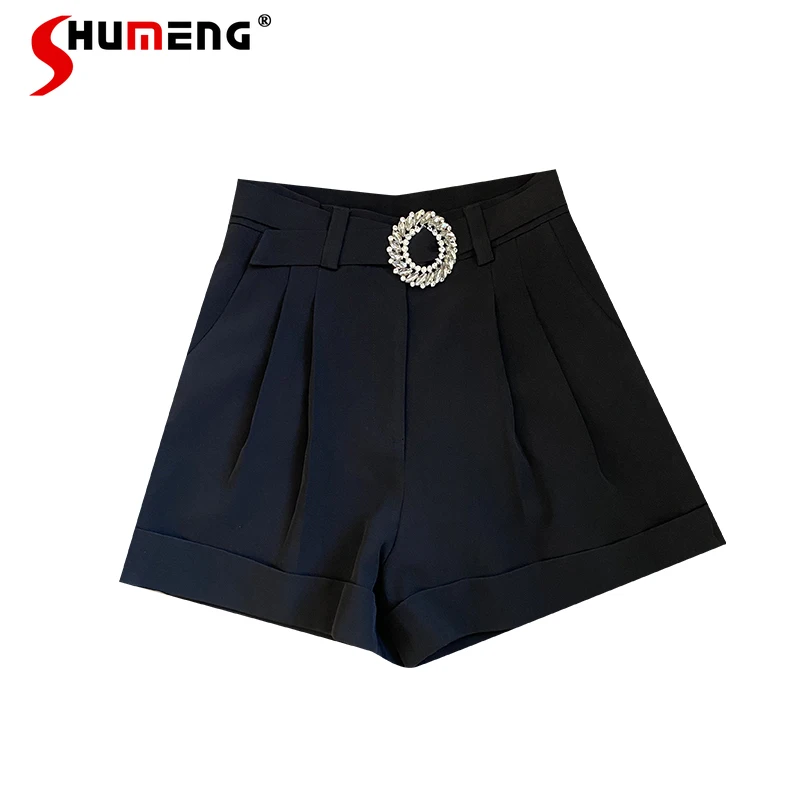 

2021 Autumn New Black Wide Leg Short Pants Casual High Wiasted Slim-Fit Diamond Belt Shorts for Women Hot Pant Office Ladies