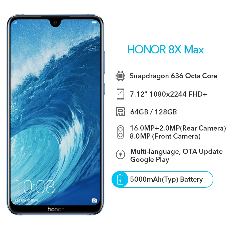 Оригинал Honor 8X Max 64 ГБ/128 ГБ Восьмиядерный процессор Snapdragon 660 экран 7 12 дюйма 5000 мАч 16