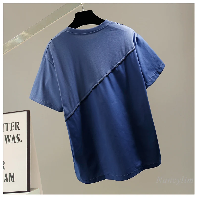

Drawstring Pleated Irregular Pullover Short Sleeve Elegant T-shirt Femme Fashion Design Casual Loose Top Tees Summer 2021