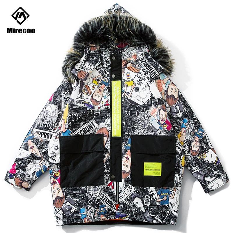 Парка мужская зимняя с меховым капюшоном смешная мультяшная уличная одежда в