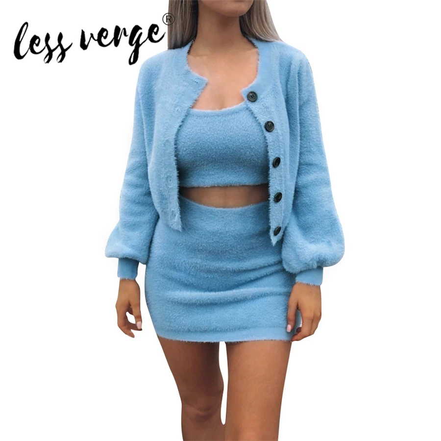 

Lessverge New Fashion Women Sets Cardigan Top Woollen Long Sleeve Cardigan Camisole Crop Top Elastic Waist Mini Skirt Women Sets