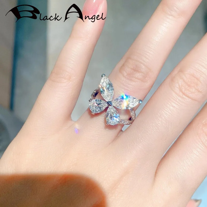 

BLACK ANGEL 925 Sterling Silver Bowknot Ring for Women Water Drop Shaped Zircon Elegant Butterfly Wedding Party Jewelry Gifts