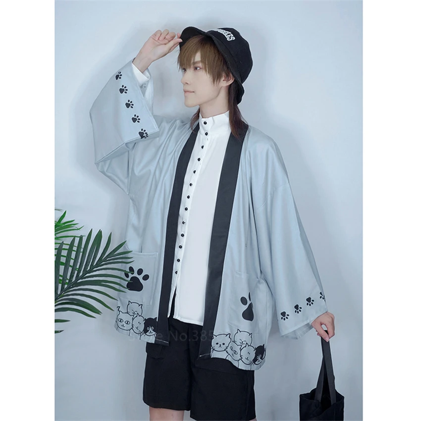 

Kimono Sun Protection Cardigan Clothes Traditional Japanese Asian Streetwear Cute Cat Print Chiffon Men Women Short Coat Fashion